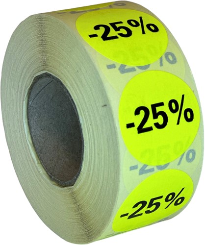ETIKET FLUOR GEEL ROND 35 mm  " 25% "     ROL  FSC Mix Credit