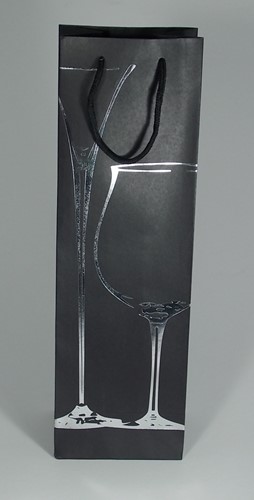 WIJNFLES ZAK MET KOORD 39x12x9 cm ZWART GLAS ZILVER set a 12 st