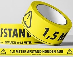 PVC Tape 1,5 meter afstand houden aub" 50 mm x 66 meter geel zwart