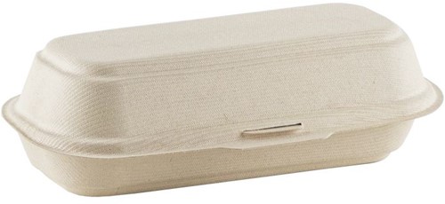 Hotdog / Loempia / Saté box suikerriet bagasse bruin 205x103x65 mm  doos a 250 st.   incl afval BB en VP