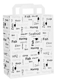 Papieren draagtas  " Enjoy Fish " 22x10x28 cm wit kraft 70 grams FSC Mix Credit