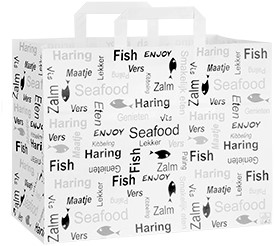 Papieren draagtas snack " Enjoy Fish "32x16x25 cm wit kraft 70 grams FSC Mix Credit