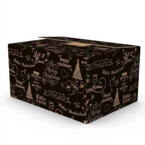 KERSTDOOS Happy Holidays kraft zwart 490x390x150 mm G150