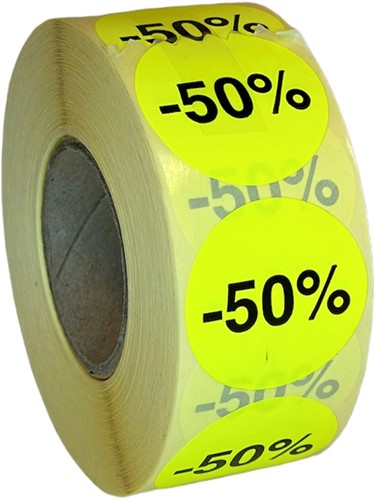 ETIKET FLUOR GEEL ROND 35 mm  "50%"    ROL