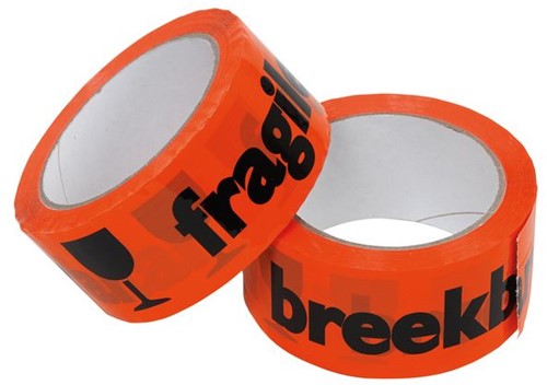 DOZENSLUITTAPE PP ACRYL 50mm.x 66 meter  BREEKBAAR ORANJE ZWART
