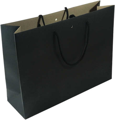 Luxe papieren koord draagtas 22x8x16 cm binnenzijde kraft bruin, buitenzijde zwart  180 grams papier met zwart katoenen koord 7 mm 2x40 cm